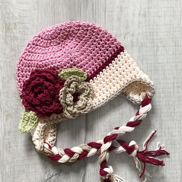 Baby winter hat for girls, crochet earflap hat, newborn to toddler winter hat with braids, newborn photo prop, crochet hat with flowers