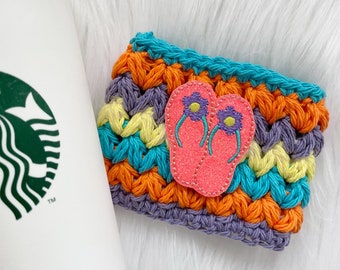 Flip flop crochet coffee cup cozy, reusable cup sleeve, hot or cold beverage cup for summer or the beach