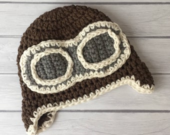 Crochet Newborn Aviator Hat with Goggles, Photo Prop