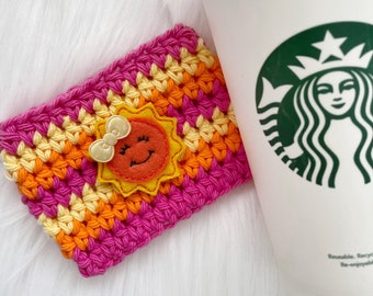 Summer sunshine crochet coffee cup cozy, reusable cold or hot cup sleeve and beverage holder