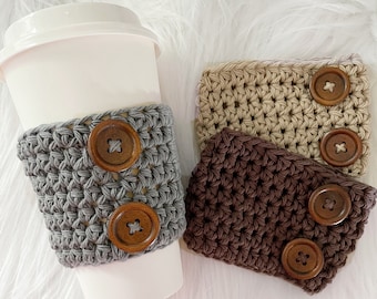 Crochet coffee cup cozy sleeve, reusable cozy with buttons, farm house coffee cup, wooden buttons, coffee bar accessories