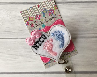 NICU Badge Reel for Nurses, Retractable Id Badge Holder, Nurses Week Gift, Pink and Blue Heart feltie