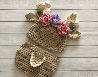 Deer hat for newborn and babies, woodland flower crown, crochet deer photo prop hat, newborn Halloween costume