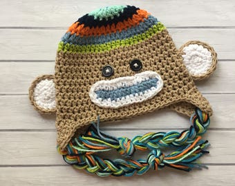 Sock monkey hat, crochet sock monkey hat, newborn sock monkey hat, toddler sock monkey, newborn photo prop, blue sock monkey hat, baby hat