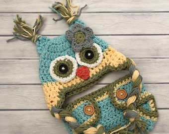 Baby owl hat and diaper cover, gender neutral hat, newborn photo prop, crochet owl hat, photo props for babies, baby winter hat