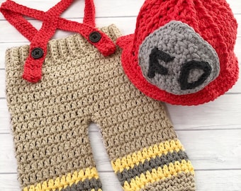 Newborn firefighter hat and suspenders, firefighter helmet, newborn photo prop, crochet Halloween costume