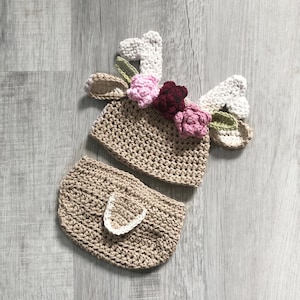Deer hat, baby deer hat, baby flower crown, woodland crown, deer flower crown, flower hat, crochet deer, newborn deer hat, crochet baby hat