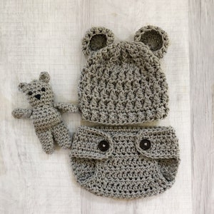 Baby bear hat with stuffie, crochet animal hat, newborn photo prop, woodland nursery or baby shower