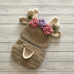 Deer hat for newborn and babies, woodland flower crown, crochet deer photo prop hat, newborn Halloween costume