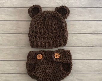 Baby brown bear hat, crochet animal hat, diaper cover, newborn photo prop, animal hats for newborns, woodland nursery