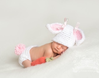Crochet white and pink bunny hat, baby bunny diaper cover and hat, crochet Easter hat, newborn photo prop, pink baby bunny hat and carrot