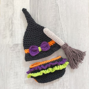 Baby witch hat, newborn Halloween costume, crochet witch hat, diaper cover and broom, newborn photo prop