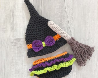 Baby witch hat, newborn Halloween costume, crochet witch hat, diaper cover and broom, newborn photo prop