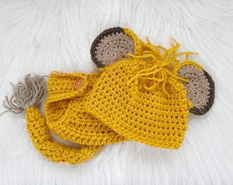 Bonnet de lion et couvre-couche, accessoire photo pour nouveau-né, bonnet de bébé au crochet, chambre de bébé dans la jungle ou baby shower, costume d'Halloween de lionceau