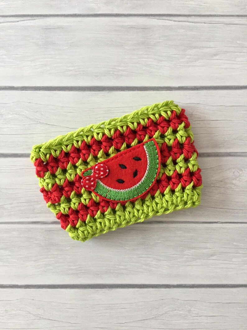 Watermelon coffee cup cozy, hot or cold cup holder, beverage holder, reusable crochet coffee sleeve image 1