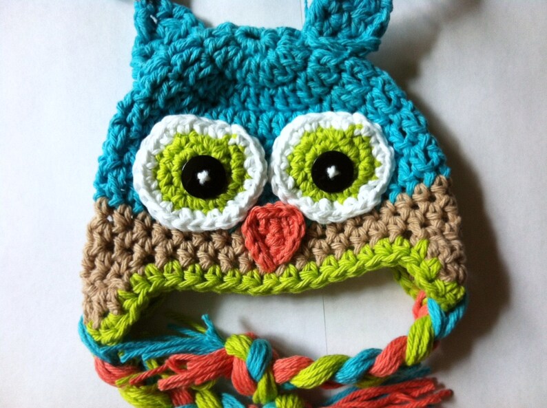 May include: A crocheted owl hat with a teal blue body, green and white eyes, and a brown, green, and orange brim. The hat has a long, braided tassel in teal blue, green, and orange.