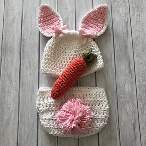 Newborn bunny hat, pink and white rabbit, Easter basket gift or photo prop image 1