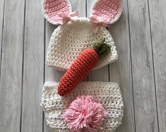 Newborn bunny hat, pink and white rabbit, Easter basket gift or photo prop