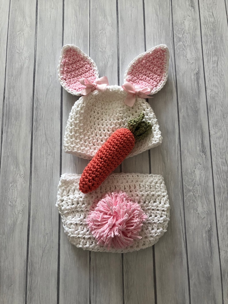 Newborn bunny hat, pink and white rabbit, Easter basket gift or photo prop image 1