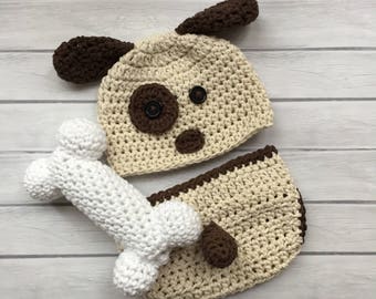 Crochet puppy hat and diaper cover photo prop for newborn and toddlers, dog bone toy