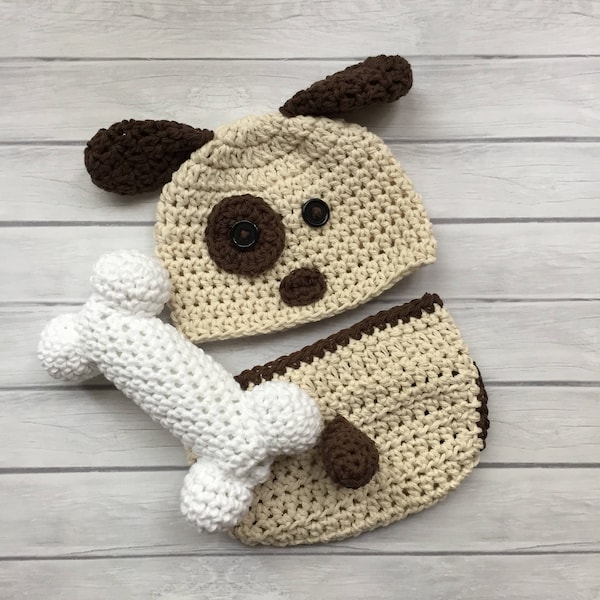 Crochet puppy hat and diaper cover photo prop for newborn and toddlers, dog bone toy