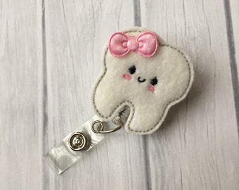 Tooth badge reel, dental hygienist gift, dental office retractable name tag, dentist office supplies, tooth fairy name tag