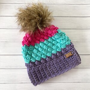 Toddler hat with pom pom, baby girl winter hat, kids crochet hat, rainbow hat, photo prop, toodler beanie hat, fur pom pom, warm winter hat
