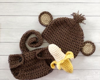 Monkey hat and diaper cover, newborn photo prop, crochet banana, Halloween costume