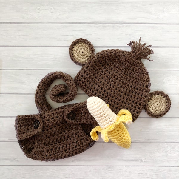 Monkey hat and diaper cover, newborn photo prop, crochet banana, Halloween costume