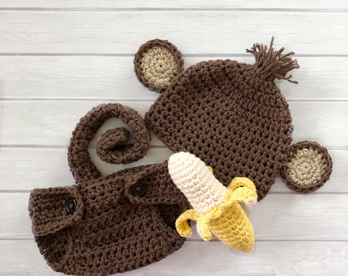 Monkey hat and diaper cover, newborn photo prop, crochet banana, Halloween costume