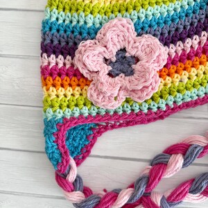 Crochet Rainbow Baby Hat, Soft Cotton Winter Hat with Braided Ties and Flower, Newborn to Toddler, vibrant colors image 2