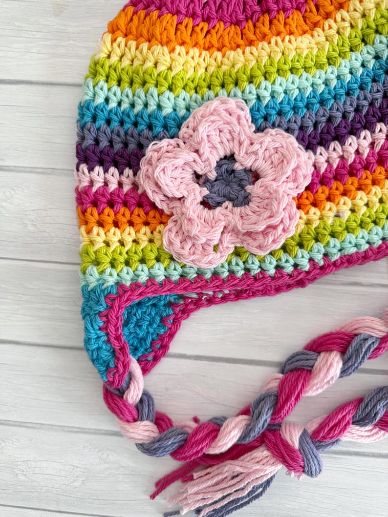Crochet Rainbow Baby Hat, Soft Cotton Winter Hat with Braided Ties and Flower, Newborn to Toddler, vibrant colors image 2