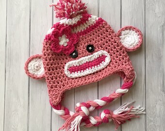 Crochet Pink Sock  Monkey Hat  Newborn to Toddler sizing  Photography prop