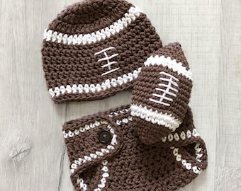 Football hat and diaper cover, newborn photo prop, sports nursery or baby shower, crochet baby hat, stuffed football