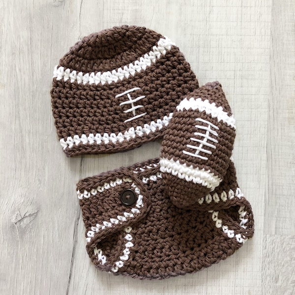Football hat and diaper cover, newborn photo prop, sports nursery or baby shower, crochet baby hat, stuffed football
