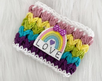 Crochet rainbow love coffee cozy, reusable cup sleeve, hot or cold cup, beverage holder