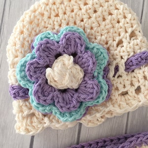 Newborn girl hat, diaper cover, crochet hat and diaper cover, newborn photo prop, baby girl hat, purple and turquoise hat, infant baby hat image 3