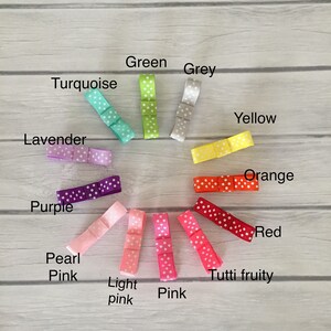 Op de afbeelding: Een set van 12 haarbandjes in verschillende kleuren met witte stippen. De kleuren zijn turquoise, lavendel, paars, parelwit, lichtroze, roze, groen, grijs, geel, oranje, rood en tutti frutti.