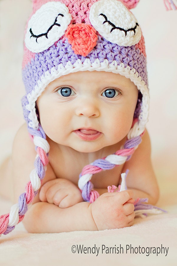Owl hat, crochet pink owl hat, sleepy owl hat, newborn owl hat, toddler owl hat, newborn photo prop,