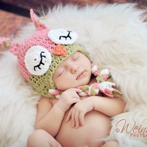 Owl hat for newborn and toddlers, crochet pink owl hat, newborn photo prop, baby owl hat, owl themed nursery or baby shower image 1