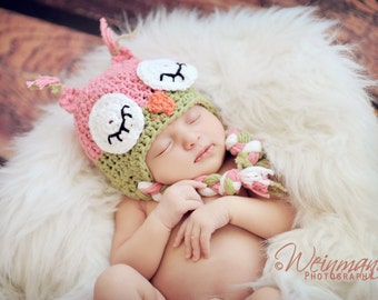 Owl hat for newborn and toddlers, crochet pink owl hat, newborn photo prop, baby owl hat, owl themed nursery or baby shower