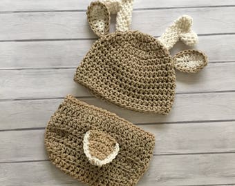 Crochet baby deer hat and diaper cover, newborn photo prop, woodland nursery or baby shower