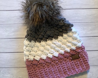 Toddler hat with pom pom, baby girl winter hat, kids crochet hat, pink, white and grey hat, toddler beanie hat, fur pom pom, warm winter hat