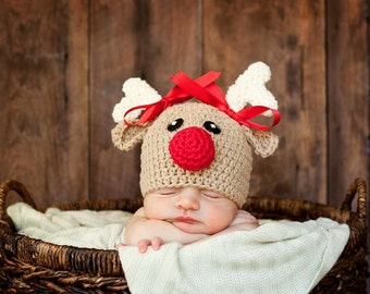 Reindeer hat crochet reindeer hat baby reindeer hat newborn reindeer hat rudolph hat baby rudolph baby christmas hat newborn photo prop