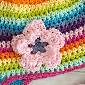 Crochet Rainbow Baby Hat, Soft Cotton Winter Hat with Braided Ties and Flower, Newborn to Toddler, vibrant colors image 4