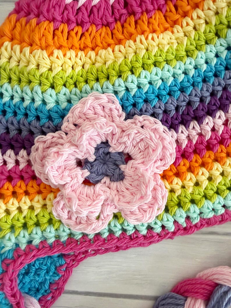 Crochet Rainbow Baby Hat, Soft Cotton Winter Hat with Braided Ties and Flower, Newborn to Toddler, vibrant colors image 4