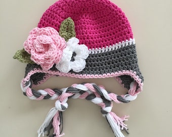 Baby winter hat, crochet earflap hat, girls winter hat, toddler winter hat, photography prop, pink winter hat, newborn photo prop