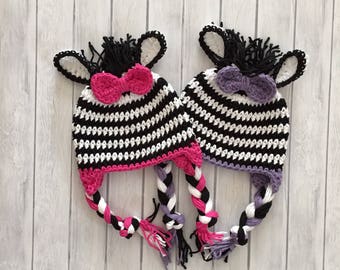 Crochet zebra hat, zoo animal costume, warm winter hat with earflaps and braids