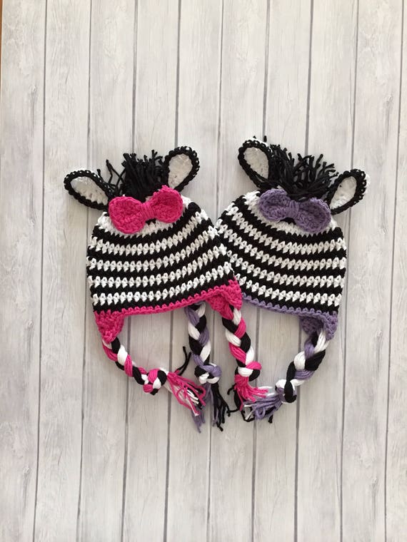 Crochet zebra hat, zoo animal costume, warm winter hat with earflaps and braids