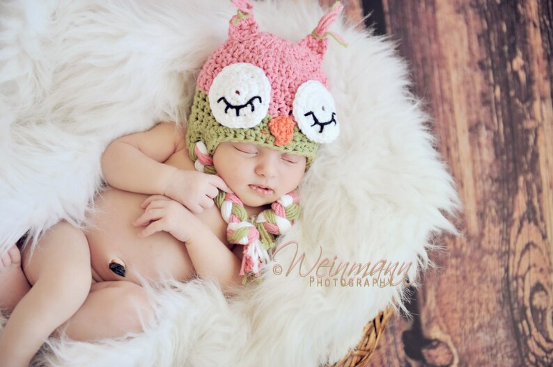 Owl hat for newborn and toddlers, crochet pink owl hat, newborn photo prop, baby owl hat, owl themed nursery or baby shower image 5